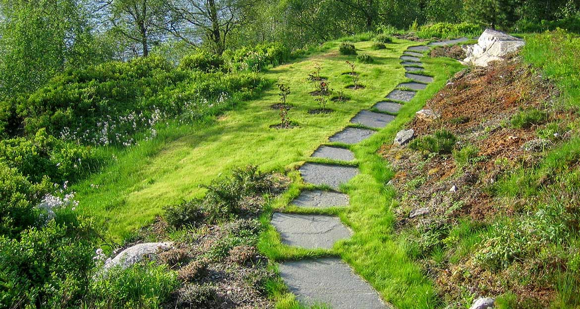 Gangvei i plen med skifer.